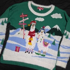 Green Holiday Sweater with Llama Design